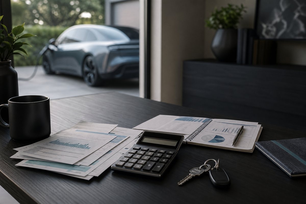 Calculator, energy paperwork, and electric vehicle keys prepared for household cost planning