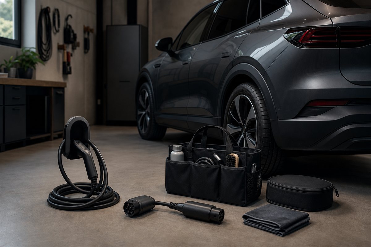 Practical electric vehicle charging and ownership gear arranged in a modern garage