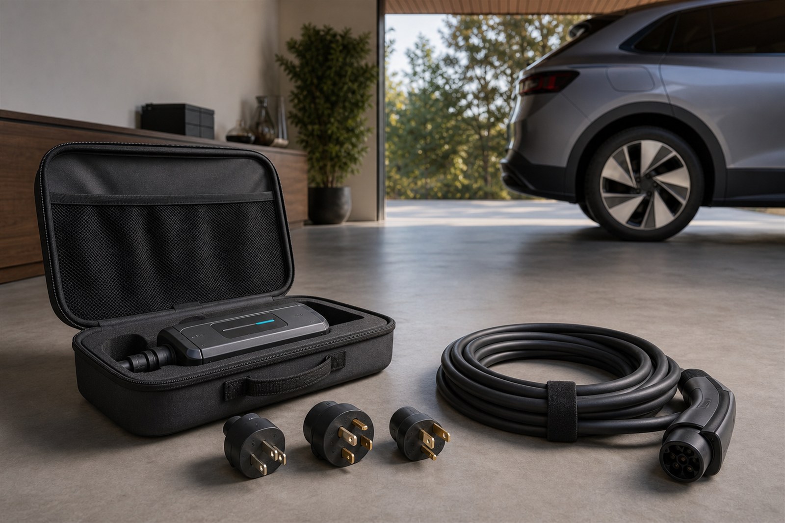 Open portable EV charging kit with adapters and travel case
